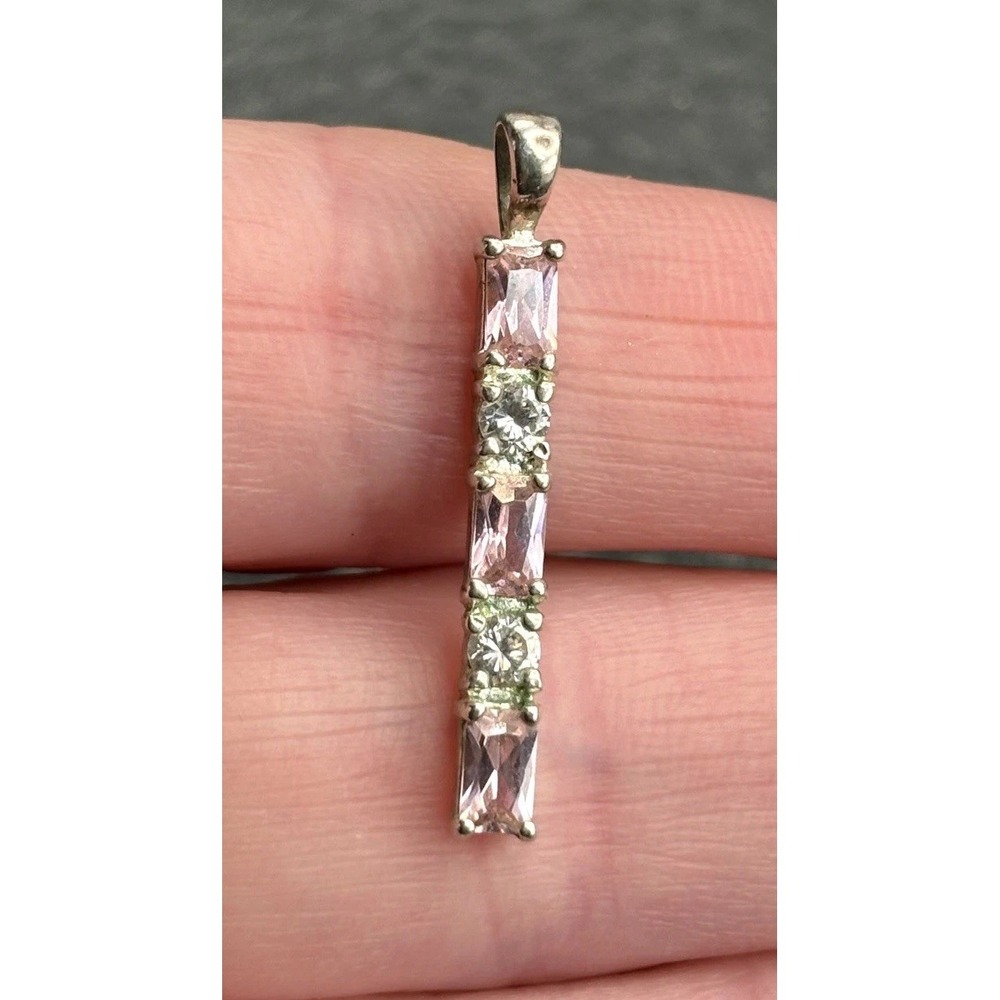 Ross Simons 925 Sterling Silver Pink CZ Rectangle Crystal Bar Pendant